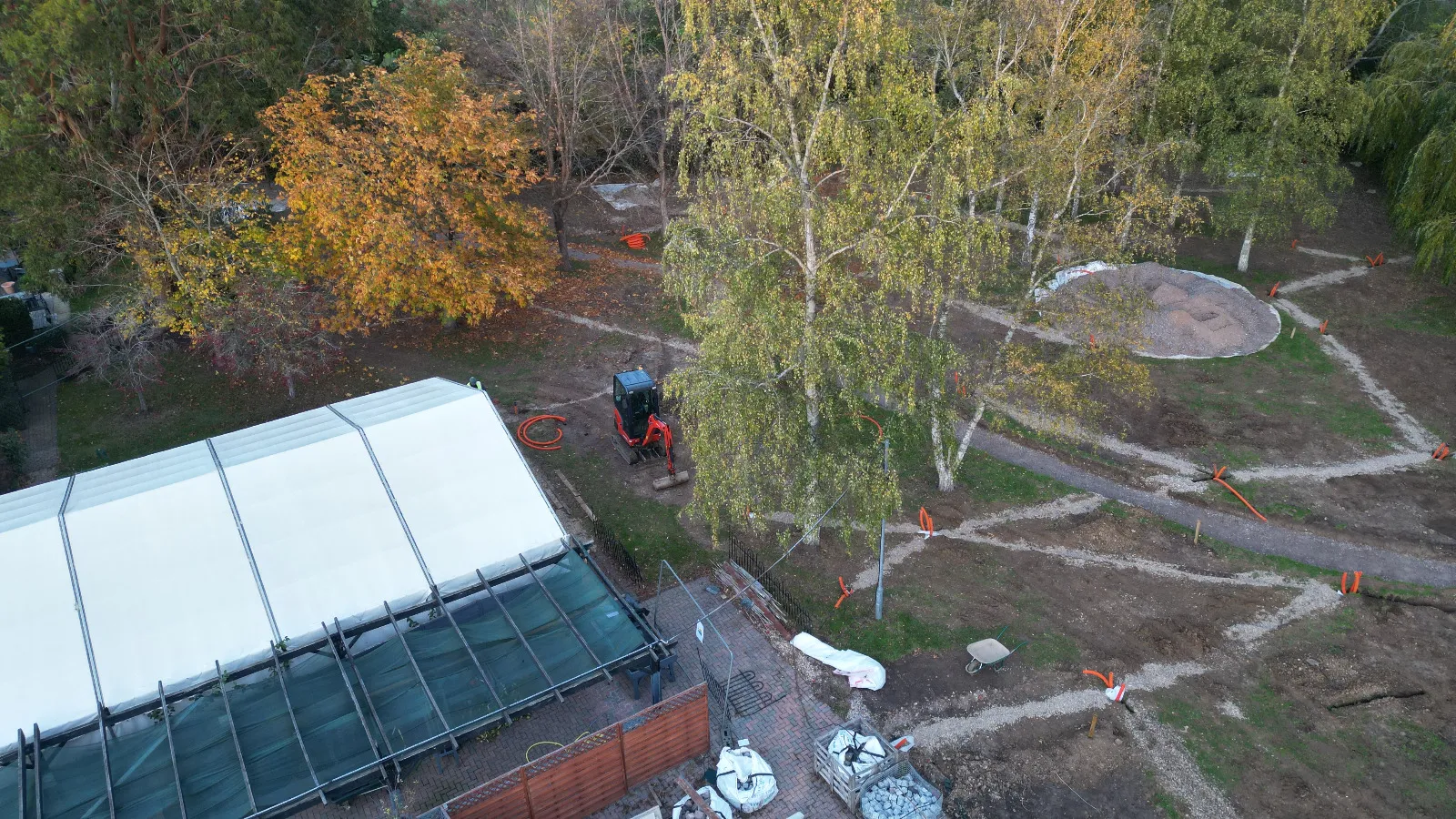 An aerial view of a park with trees.