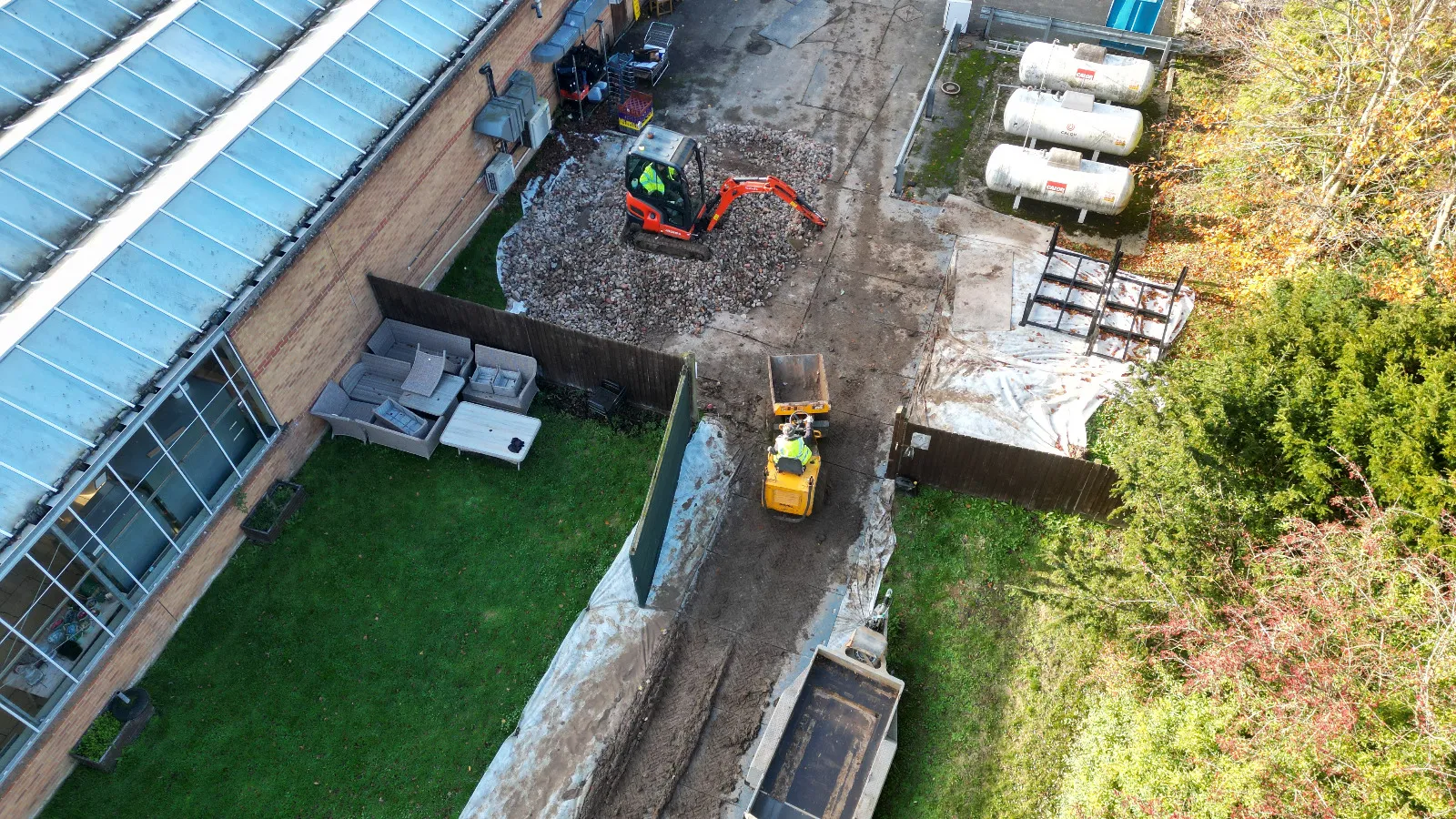 An aerial view of a building being constructed.